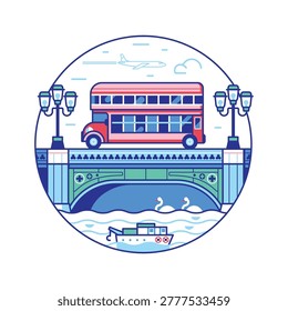 Iconic London landmark circle icon inspired by Westminster bridge. Famous double decker tour bus, Thames river and architectural monument in capital of England in line art design.