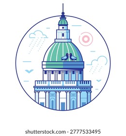 Iconic London landmark circle icon inspired by Saint Paul cathedral. Famous anglican church dome architectural monument in capital of England in line art design.