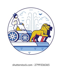 Iconic Madrid landmark circle icon inspired by Fountain of Cybele tourist attraction in capital of Spain. Aka Fuente de Cibeles famous hostorical monument in line art design.