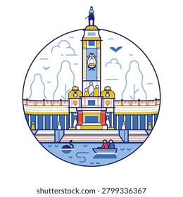 Iconic Madrid landmark circle icon inspired by Monument to Alfonso XII in Buen Retiro Park tourist attraction in capital of Spain.