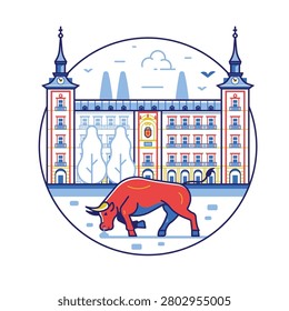 Iconic Madrid landmark circle icon inspired by Casa de la Panadería tourist attraction in capital of Spain. Famous baroque building on Plaza Mayor square and red bull in line art design.