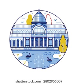 Iconic Madrid landmark circle icon inspired by Glass Palace building in Buen Retiro Park tourist attraction in capital of Spain. Aka Palacio de Cristal famous architectural monument in line art style.