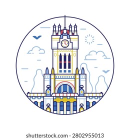 Iconic Madrid landmark circle icon inspired by Palacio de Cibeles building tourist attraction in capital of Spain. Aka Palace of Communications famous architectural monument in line art design.