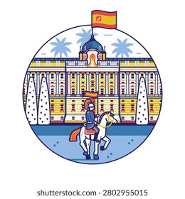 Iconic Madrid landmark circle icon inspired by Royal Palace building tourist attraction in capital of Spain. Aka Palacio Real famous architectural monument in line art design.