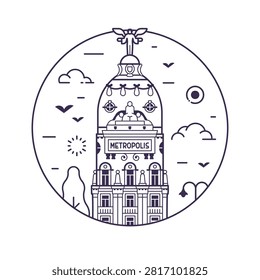 Iconic Madrid landmark circle icon inspired by Metropolis office building tourist attraction in capital of Spain. Aka Edificio Metropolis famous architectural monument in line art design.
