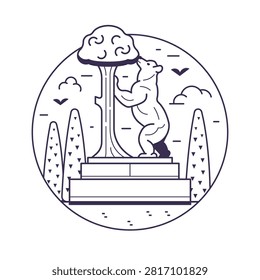 Iconic Madrid landmark circle icon inspired by Statue of the Bear and Strawberry Tree sculpture tourist attraction in capital of Spain. Famous historical monument in line art design.