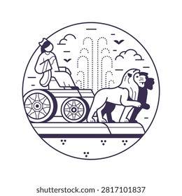 Iconic Madrid landmark circle icon inspired by Fountain of Cybele tourist attraction in capital of Spain. Aka Fuente de Cibeles famous hostorical monument in line art design.