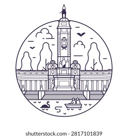 Iconic Madrid landmark circle icon inspired by Monument to Alfonso XII in Buen Retiro Park tourist attraction in capital of Spain.
