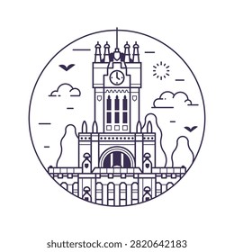 Iconic Madrid landmark circle icon inspired by Palacio de Cibeles building tourist attraction in capital of Spain. Aka Palace of Communications famous architectural monument in line art design.