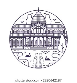 Iconic Madrid landmark circle icon inspired by Glass Palace building in Buen Retiro Park tourist attraction in capital of Spain. Aka Palacio de Cristal famous architectural monument in line art style.