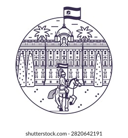 Iconic Madrid landmark circle icon inspired by Royal Palace building tourist attraction in capital of Spain. Aka Palacio Real famous architectural monument in line art design.