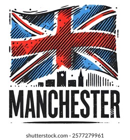 Iconic Manchester Logo with UK flag and City Silhouette in Artistic Style