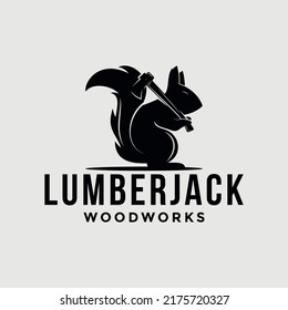 Iconic mascot logo for carpentry wood works, lumberjack. Squirrel holding ace icon mascot logo