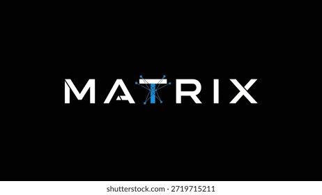 O logotipo icônico da MATRIX em letras brancas sobre um fundo preto. A letra 'T' é substituída exclusivamente por um gráfico de rede azul abstrato,