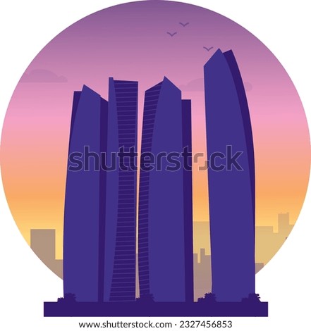 Iconic modern group of buildings with sunset background