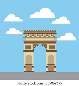 Iconic monument of france arch of triumph  over sky background. Colorful design. Vector illustration