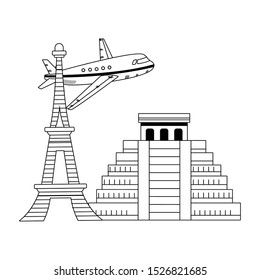 iconic monuments and airplane flying over white background, vector illustration