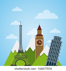 iconic monuments of the world over sky background. colorful design. vector illustration