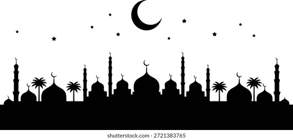 Siluetas icónicas de mezquitas, incluyendo cúpulas y minaretes, se encuentran contra un cielo nocturno con una luna creciente y estrellas.