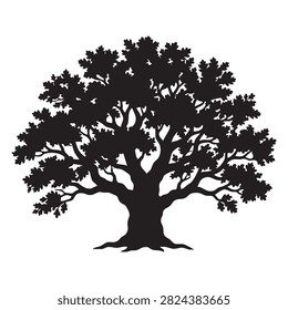 Iconic oak tree in silhouette form with detailed branches and leaves. Symbol of endurance, wisdom, and natural splendor.