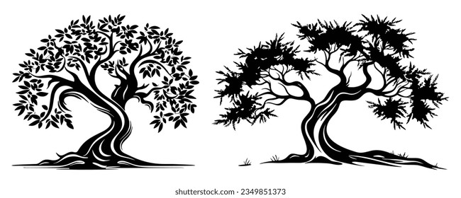 Iconic Olive Tree Silhouettes, Logo and Product Design Element