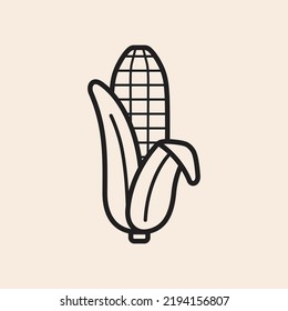 Iconic outline cute vector corn with leaves and kernel.