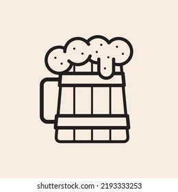 Iconic outline vector beer with foam and wooden mug.
