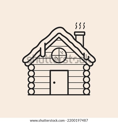 Iconic outline vector wood log cabin with door, window and chimney.