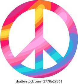 Iconic pacifist peace sign featuring colorful fluid swirls representing harmony, freedom, and 1960s retro hippie culture. (cut out)