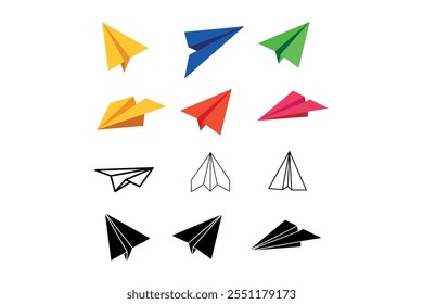 Ilustrações icônicas de plano de papel em paletas de cores brilhantes, Gráficos de avião origami cristalinos e coloridos para conteúdo on-line, Ilustrações modernas de ícone de plano de papel para capturar a atenção