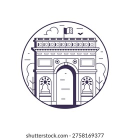 Iconic Paris landmark circle icon inspired by Arc de Triomphe building also known as Triumphal arch. Famous architectural monument and symbol of capital of France.