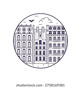 Iconic Paris landmark circle icon inspired by Parisian apartment buildings. Famous architectural Haussmannian buildings in capital of France in line art design.