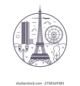 Iconic Paris landmark circle icon inspired by Eiffel Tower, Montparnasse building and ferris wheel. Famous architectural monument in capital of France in line art design.