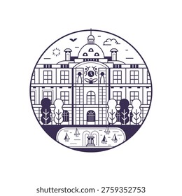 Iconic Paris landmark circle icon inspired by Luxembourg Palace royal residence building. Famous architectural monument and public park in capital of France in line art design.
