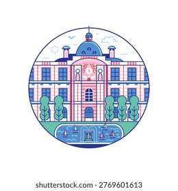 Iconic Paris landmark circle icon inspired by Luxembourg Palace royal residence building. Famous architectural monument and public park in capital of France in line art design.