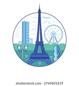 Iconic Paris landmark circle icon inspired by Eiffel Tower, Montparnasse building and ferris wheel. Famous architectural monument in capital of France in line art design.