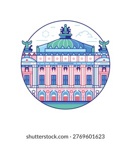 Iconic Paris landmark circle icon inspired by Palais Garnier building aka Paris opera house. Famous architectural monument in capital of France in line art design.
