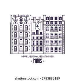 Iconic Paris landmark inspired by Parisian apartment buildings. Famous architectural Haussmannian buildings in capital of France in line art design.