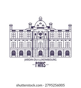 Iconic Paris landmark inspired by Luxembourg Palace royal residence building. Famous architectural monument in capital of France in line art design.
