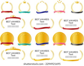 Iconic parts of crown and laurel crown ranking and award medals, colorful ribbon set