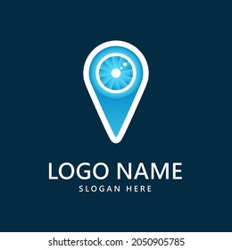 Iconic photo location marker is shaped with a beautiful camera or lens with marker location around it. perfect for logo photo attractions agency