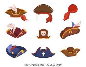 Iconic Pirate Hats Adorned With Feathers, Skulls, Or Ribbons. Filibuster Headwear, Tricorns and bandana Evoke Swashbuckling Adventure, Daring Party Costume Or Outfit. Cartoon Vector Illustration