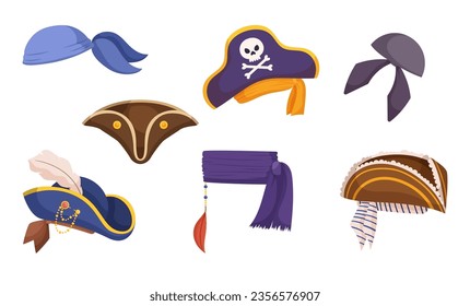 Los Icónicos Sombreros Piratas Cuentan Con Amplios Brimes, Lados Dobles Y Acentos Decorativos. Añaden Un Flagelo Atrevido Y Alarmante A Los Disfraces Piratas Y A Los Eventos Temáticos. Ilustración del vector de dibujos animados