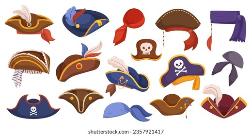 Iconic Pirate Hats, Wide-brimmed, Adorned With Feathers, And A Skull And Crossbones Symbol or Head Scarves. Swashbuckling Accessory, Adding Flair To Corsair Ensembles. Cartoon Vector Illustration