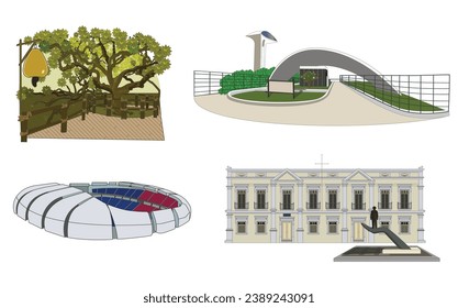 Iconic Places of the City of Natal, Rio Grande do Norte, Brazil. This vector set contains a famous museum, a park, a football arena and the largest cashew tree in the world.