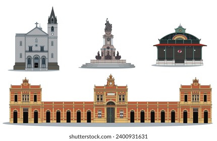 Iconic Places of Manaus city,in Amazonas. Brazil. Manaus vector with a Famous Market,  Fish Market , Saint Sebastian's Church and the monument of the opening the ports.