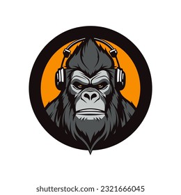 An iconic and recognizable gorilla wearing headphones vector clip art illustration, symbolizing the harmony of power and rhythm, suitable for audio technology companies, podcasts, and music streaming 