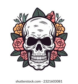 An iconic and recognizable skull head with flower decoration vector clip art illustration, symbolizing the cycle of life and death, suitable for artistic projects and spiritual themes