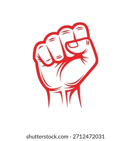 Icônico design de mão cerrada em vermelho em um campo branco, transmitindo resiliência, poder e movimento. Mensagem visual forte.