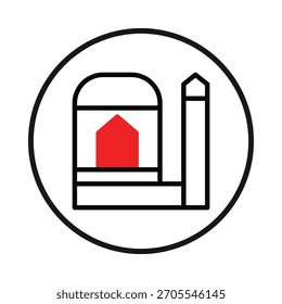 Uma representação icônica de formas arquitetônicas criadas com formas geométricas minimalistas. Emoldurado dentro de um círculo, o design de contorno apresenta um conceito moderno de construção e estrutura, ideal para